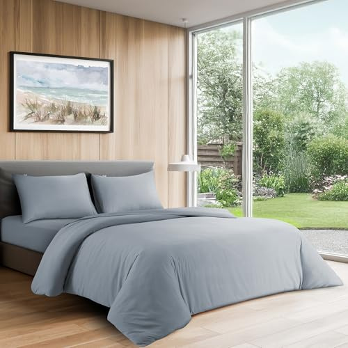 LYMA Complete Bedding Set King Plain Duvet Cover, Fitted Sheet & 2 Pillow Cases 50x75CM, OEKO-TEX Certified, Ultra Soft NanoPlush Double Brushed, Button Closure, Wrinkle Fade Resistant (Light Grey)