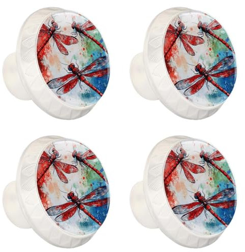 Paquete de 4 pomos redondos de cristal de 1.38 pulgadas, tiradores redondos de cristal con tornillos para cocina, baño, guardería, habitación de los niños (libélula roja con pintura de acuarela roja