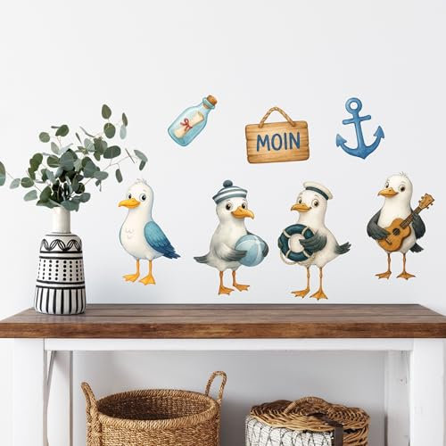 Maritimes Wandtattoo-Set Seemöwen & Accessoires – Vinyl-Wandsticker Möwen Kinderzimmer Deko für Wohnzimmer & Schlafzimmer (Möwen | Set 1)