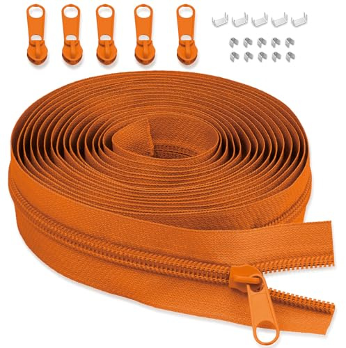 LHZHLE 5mm Endlosreißverschluss Mit Zipper: 3.65m Orange Nylon Reissverschluss - Meterware mit 5 Reißverschlusszügen für Nähen Bettwäsche und Kopfkissen