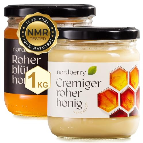 Nordberry 1 kg Mix Roher Honig – 500 g Cremiger & 500 g Blütenhonig – reiner, naturbelassener und ungefilterter aus Lettland – Geschenkbox
