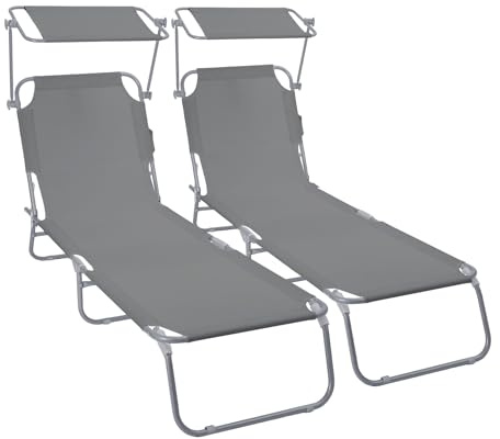 VOUNOT® Set de 2 Tumbonas Plegables con Parasol Ajustable Tumbona Playa Reclinable Respaldo Regulable 4 Posiciones Tejido Poliéster Carga Máx. 120 kg para Jardín Terraza Piscina Camping Exterior Gris