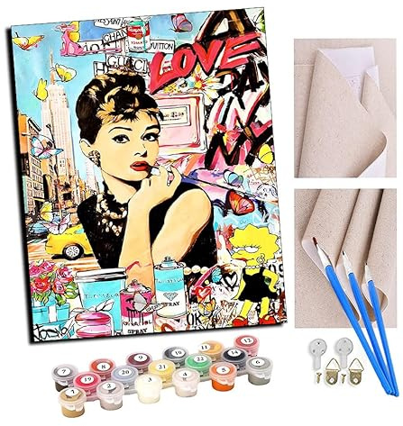 TUDOUTU Malen nach Zahlen Audrey Hepburn mit Street-Graffiti-Art-Make-up Für Erwachsene und DIY Ölgemälde Geschenk-Kits Vorgedruckte Leinwand Kunst Home Decoration 16x20 Zoll Mit Rahmen