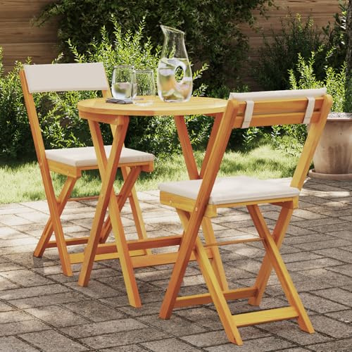 JHQHSM 3-TLG. faltbares Bistro-Set mit Kissen aus Massivholz Akazie für Balkon und Terrasse, 2 Stühle und runder Tisch, wetterfestes Gartenmöbel für Outdoor-Bereich mit kompaktem