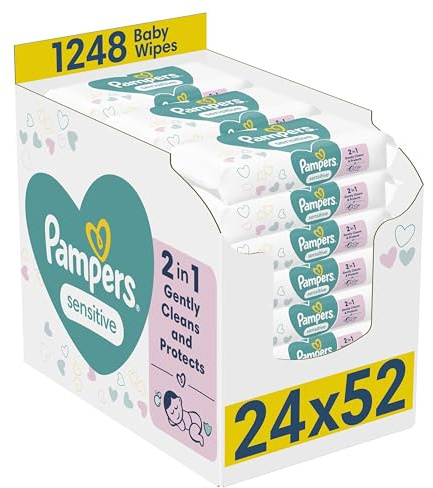 Pampers Sensitive Baby Wipes 24 Packs of 52 Wipes = 1248 Baby Wet Wipes, 2 in 1 Gently Cleans & Protects, 0% plastic in wipes