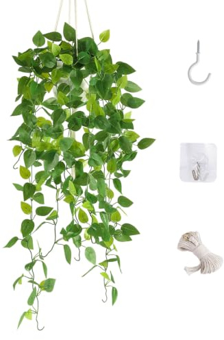 LUWENER Fake Hanging Plant with Pot, 50” Macrame Hanger two sets of Hook | 2 Types of Hooks Included, Trailing Plant for Bathroom, Bedroom, Window, Balcony, Indoor & Covered Outdoor Decor