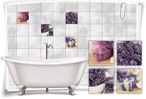 Medianlux Fliesenaufkleber Fliesenbild Lavendel Wachs Muschel Violett Wellness SPA Aufkleber Sticker Deko WC Bad, 25x25cm fp5p114q-71164