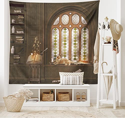 ABAKUHAUS gotisch Wandteppich Mittelalterliche Bibliothek Katzeaus Weiches Mikrofaser Stoff 150 x 110 cm, Klare Farben Maschienenwaschbar Taupe