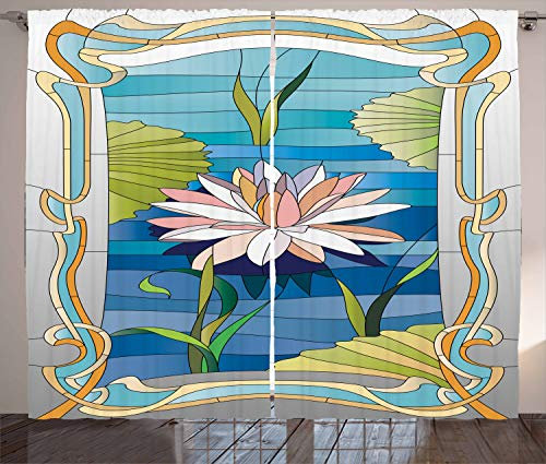 ABAKUHAUS Jugendstil Rustikaler Gardine, Buntglas Lotus, Schlafzimmer Kräuselband Vorhang mit Schlaufen und Haken, 280 x 260 cm, Mehrfarbig