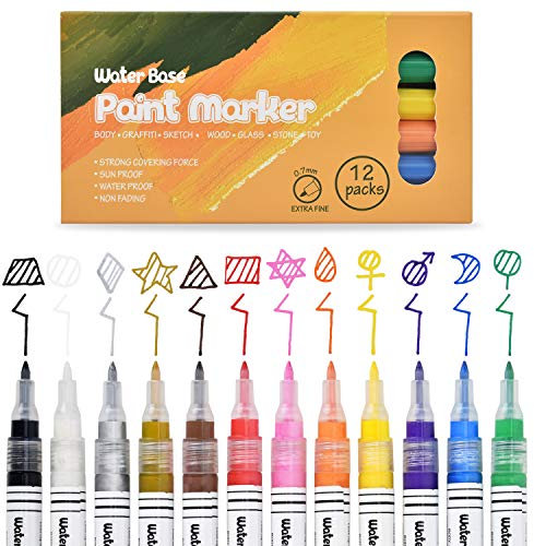 Wasserfeste Acrylstifte mit 0,7mm Spitze, Acrylstift Set für Steine Bemalen, 12 Farben Wasserfest Stifte Acrylmarker für Steine Scrapbooking Fotoalbum Hochzeit Gästebuch Holz Ostern Basteln Leinwand
