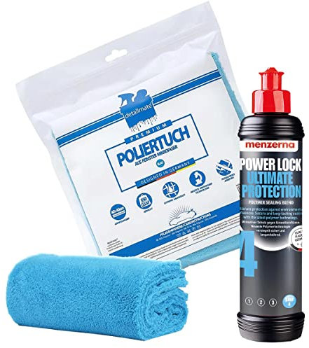 detailmate Auto Polier Set - Autopflege: Menzerna Lackversiegelung Power Lock Ultimate Protection, 250 ml - Polymer Auto Wachs+ Mikrofaser Auto Poliertuch, 40x40cm, perfekt zum Auspolieren Autolack
