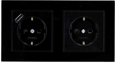 Jung SCHUKO USB-Steckdose Typ A (max. 3A) Komplett-Set Serie A: 1x USB-Steckdose A152018ASW und 1x Steckdose A1520KISW und 2-fach Rahmen A5582BFSW Schwarz