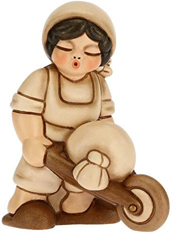 THUN - Statuina Presepe Uomo con Carriola - Decorazioni Natale Casa - Linea Presepe Classico, Variante Beige - Ceramica - 6 x 4 x 8 h cm
