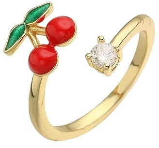Anello Regolabile Donna,Ciliegia Rossa Foglie Di Frutta Zirconi Moda Lcute Regolabile Aperto Nocche Anello Coda Dito Comune Punta Anello Gioielli Per Le Donne Ragazze Regalo Matrimonio Fidanzamento