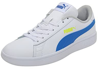 PUMA Unisex-Kinder Smash V2 Leder-Sneaker, Weiß (PUMA White), Victoria Blue, 38.5 EU
