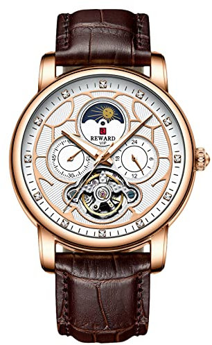 rorios Mode Herren Automatikuhren Tourbillon Mechanische Armbanduhr mit Lederband Wasserdicht Mondphase Uhren für Männer Herren