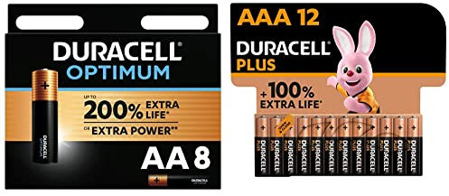 Duracell Optimum AA Alkaline Batteries [Pack of 8] 1.5 V LR6 MX1500 & Plus AAA Alkaline Batteries [Pack of 12], 1.5V LR03 MN2400