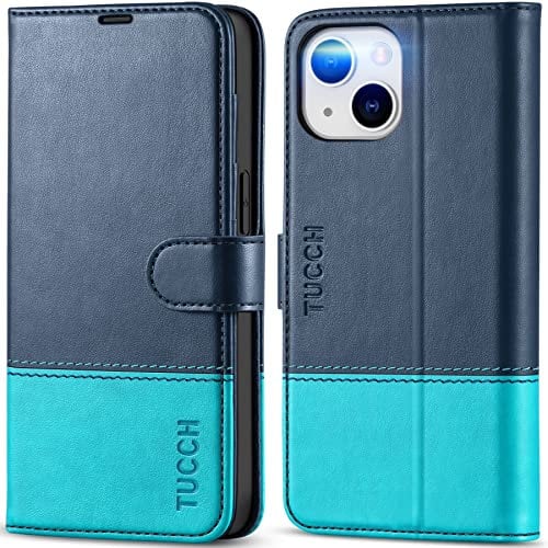 TUCCH Hülle für iPhone 14 5G Handytasche TPU Schutzhülle [RFID Blocker] Stoßfeste Handyhülle Ständer [Kartenfach] [Magnet] Etui kompatibel mit iPhone 14 2022 (6,1 Zoll) Dunkelblau-Seeblau