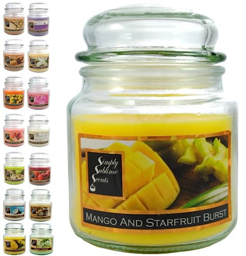 SIMPLY SUBLIME SCENTS - Candela Profumata di Lusso - Mango e Carambola - Oli Profumati di Alta qualità - Fino a 76 Ore - Medio - in Vasetto - Giallo