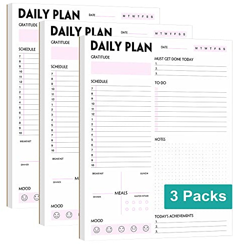 Set of 3 A4 Note Pads for Daily Planner, Detachable Note Pad, Organizer with To Do Lists, Calendar, Appointments, Productivity Tracker, 50 Undated Sheets, 150
