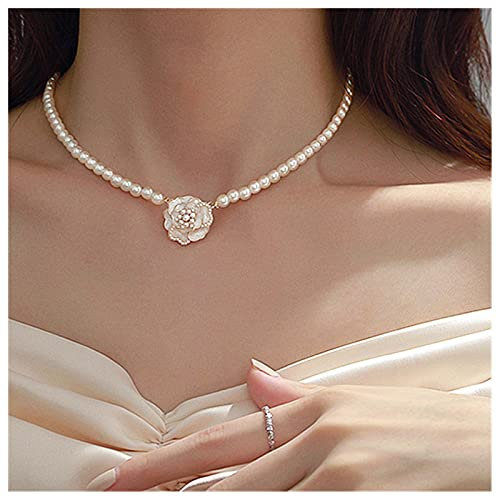 Cimenexe Collier De Perles De Bohème Collier Pendentif Fleur Blanche Collier Ras De Cou Perle Camélia Collier Perle Camélia Bijoux Pour Femmes Et Filles Cadeaux