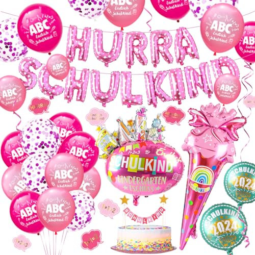 iZoeL SCHULKIND Deko Einschulung Mädchen, HURRA SCHULKIND Girlande + 2025 Folienballon + Zuckertüte Folienballon + SCHULKIND Folienballon + 15 Luftballon + 16 Konfetti Schulanfang Schuleinführung Deko