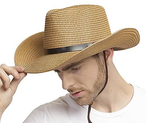Strohhut Herren Cowboyhut Stroh Westernhut Faltbarer Panamahut mit Kinnriemen Breite Krempe Sonnenhut Anti-UV Sonnenschutz Strandhut Atmungsaktiver Sommerhut Strohkappe für Outdoor Strand Urlaub