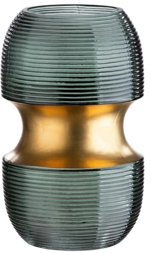 GILDE Jarrón pequeño de Cristal Decorativo - Florero Moderno con diseño de Ranuras, Regalo de cumpleaños, decoración de Mesa de Navidad, Boda, Boda, Oro, Color Verde y Dorado, Altura 18 cm