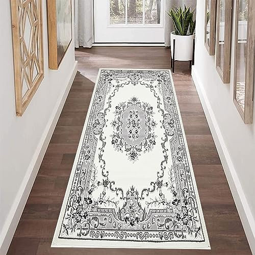 YANHONG Handwebteppich Läufer Teppich 100 x 420 cm Hochwertiges Qualitätsprodukt Anti Rutsch Teppich Kurzflor Teppich mit rutschfestem Gelrücken für Küche, Flur & Wohnraum, Weiß