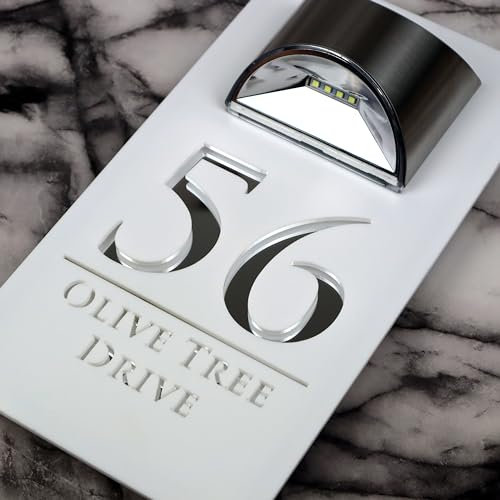 K Smart Sign | Bellissima LED F32 | Contemporary House Signs Plaques Door Numbers 1-9999 Street Name SOLAR LIGHT LED For Wall Personalised Laser Cut Mirror! (Matt White & Silver Mirror)