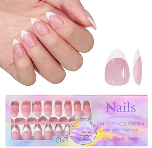 Roucerlin Lot de 150 faux ongles 3 en 1 à presser courts en gel souple pré-formé - Couverture complète - Rose à coller - Extensions de faux ongles réutilisables pour la maison - 15 tailles