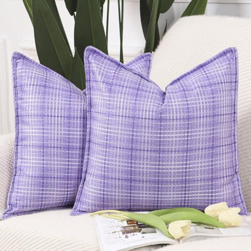 Madizz 2 Pezzi Cuscini decorativi in Poliestere e Lino all'aperto Copricuscini con bordo largo Morbido Decorativo Fodere per Cuscino Lusso Stile per Patio Divano Camera da Letto 50x50 cm Viola chiaro