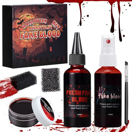 Faux Sang Halloween, 1 Spray de Faux Sang 60ml, 1 Faux Sang Coulant 60ml, 1 Plasma Coagulé 30ml, Réaliste, Lavable, pour Cosplay, Vampire, Clown, Zombie, Monstres