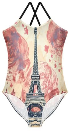 LINNIKEEEE Motif Rose Tour De Paris Maillots de Bain pour Filles, Vêtementsde Plage, Une Pièce Maillots de Bain pour Enfants