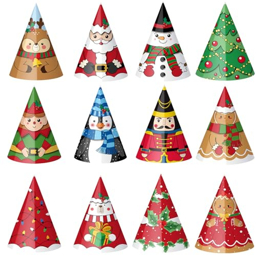 Harrycle 24 Piezas Sombreros de Navidad Gorros Navideños de Papel Árbol de Navidad Reno Papa Noel Muñeco de Nieve Duende Sombrero de Cono Foto Props para Decoración de Fiestas(Estilo Lindo)