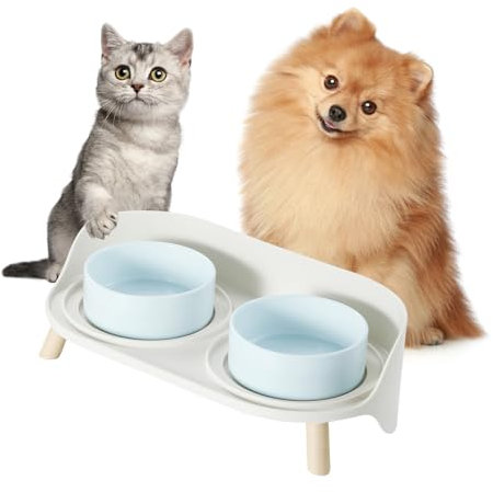 Elevated Ceramic Dog Bowl Set - Double Dog Bowls with Splash Proof Stand - Dog Food and Water Bowl Set - Candy Colored Dog Feeding Bowls - Pet Dishes for Cats and Puppies - 1 Cup (10 fl oz) - Blue