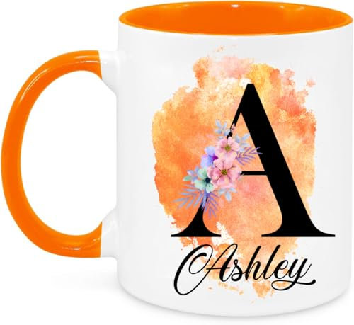 EKAM Personalised Mug, Coloured Inner and Handle Mug Stylish Initial with Name, Gift for Valentine’s, Birthday, Christmas Day for Mom, Dad, Kids, Friends or Girls, 11oz Coffee/Tea Cup (Orange)