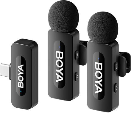 BOYA BY-V20 New USB C Wireless Lavalier Microphone for Android PC, 100m Range, Mini Dual Lapel Microphone for Video Recording, Vlog, YouTube, TikTok Video Recording