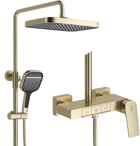 Colonne de Douche Dorée Brossé, BSS0338 Moderne Ensemble de Douche, Touches de Piano, 30x20cm Pomme de Douche, Système de Douche en Laiton 59A avec Robinet de Baignoire, Hauteur Réglable (Or Brossé)