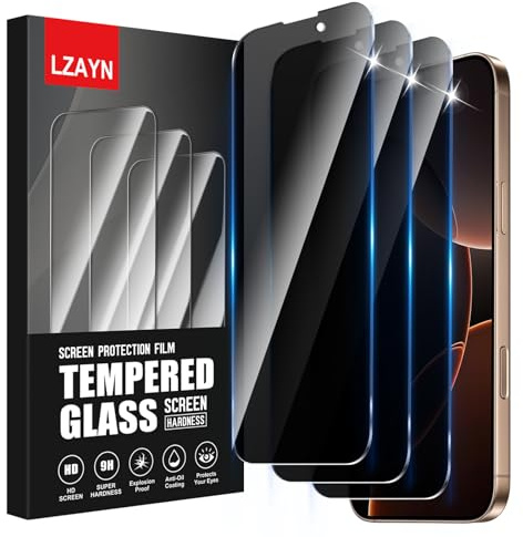 LZAYN 3 Pack Privacy Screen Protector for iPhone 16 Pro Max, Impact-Resistant, Anti-Scratch,Bubble Free, Black Anti Spy Tempered Glass Film, Easy Installation