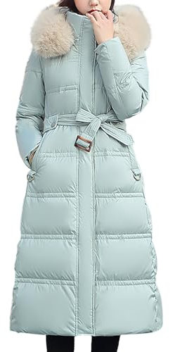 Damen Winterjacke Lang Warm Elegant Steppjacke Daunenjacke Pufferjacke Stehkragen Wintermantel Steppmantel mit Kunstfell Kapuze und Gürtel, mintgrün, M