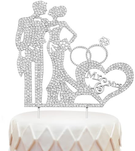 Tortenaufsatz für Hochzeiten, Tortenaufsatz für Verlobungen aus Zinklegierung mit Strasssteinen Verzierter Tortenaufsatz für Hochzeiten Tortenaufsatz für Braut Bräutigam (Silber, Mr. & Mrs.)