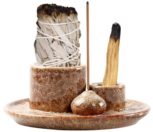 Bol D'encens 4 en 1, Porte-Encens en Céramique, Brûleur D'encens, Support Palo Santo, Porte Encens pour Chaque Encens, Bougeoir, Sauge Blanche (weiß)