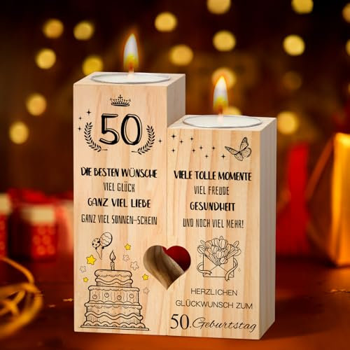 Geschenke zum 50 Geburtstag, Kerzenständer aus Holz Zum 50 Geburtstag Geschenk Deko Geburtstagsgeschenk 50. Jahrestag für Frauen Mann Freunde Schwester