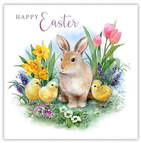 Noel Tatt Easter Greeting Cards Pack of 4 - Happy Easter Cards with Rabbit, Chicks and Spring Flowers Design - Cards for Women, Children