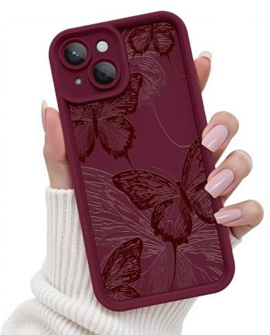 FUXICASE for iPhone 15 Case, Creative Butterfly Pattern Design for Girl Women, Soft Silicone Shockproof Anti-Scratch Protection Phone Cover for iPhone 15 (Burgundy Red Butterfly)