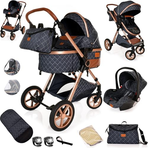 Baby Pram Pushchair Baby Buggy Stroller 3 in 1 Child Lightweight Folding Stroller 3 in 1 Travel System for Newborns & Toddlers 0-36 Months from Birth (Denim Blue)