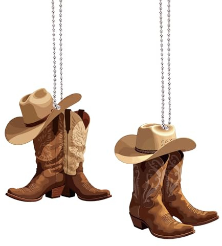 CREATCABIN 2 pièce Chapeau Cowboy à Suspendre Accessoires Rétroviseur Breloques Rétroviseur Décoration Intérieure Voiture Ornement d'arbre Noël pour Hommes et Femmes Cadeau (Marron) 8x7.5cm/8x7.2cm