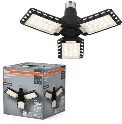 Osram Highbay Blade Deckenlampe in Schwarz, Kunststoff, mit verstellbaren Lichtflügeln, bietet 17 W bzw. 1700 lm in Neutralweiß mit 4000 K, E27 Schraubgewinde, 231 mm Durchmesser, IP20