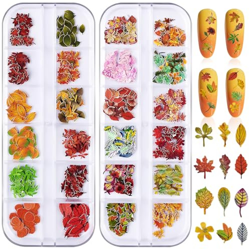 Nägel Charms Herbst 2 Boxen Nails Charms Fallende Blätter Nagel Art Autumn Nail Gems 3D mit Glitzer für Damen Mädchen Herbstparty Thanksgiving und Halloween Dekoration